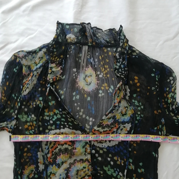 By Anthropologie Peasant Blouse Button Up Semi Sheer Pleated Top Neck Tassels XS - Picture 14 of 16